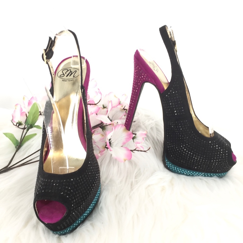 SM New York Black Peep-Toe Slingback Heels with Fuchsia Lining and Teal Platform